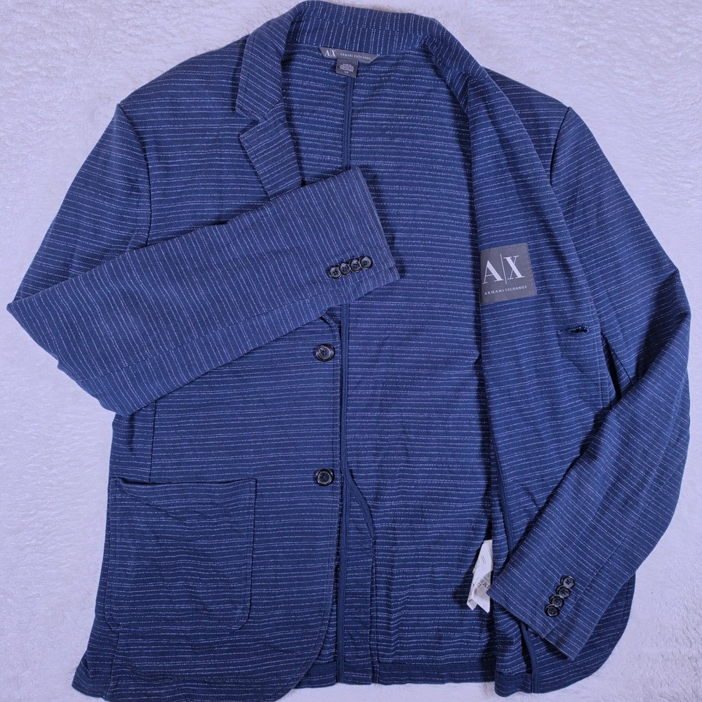 NEW Armani Exchange Blazer Mens L Navy Blue Striped Cotton Stretch B-Smmr-2013